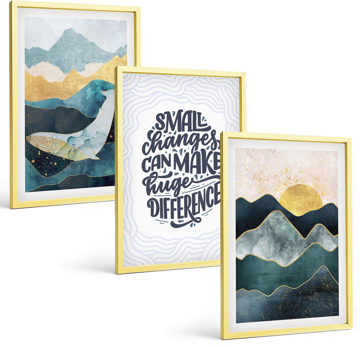 TULUP 4-Delige Schilderij Set - Abstracte berglandschappen met inspirerende belettering - 40 x 60 cm - Wanddecoratie - Muurdecoratie - Moderne Interieurdecoratie - Decoratieve Schilderijen Gouden lijst