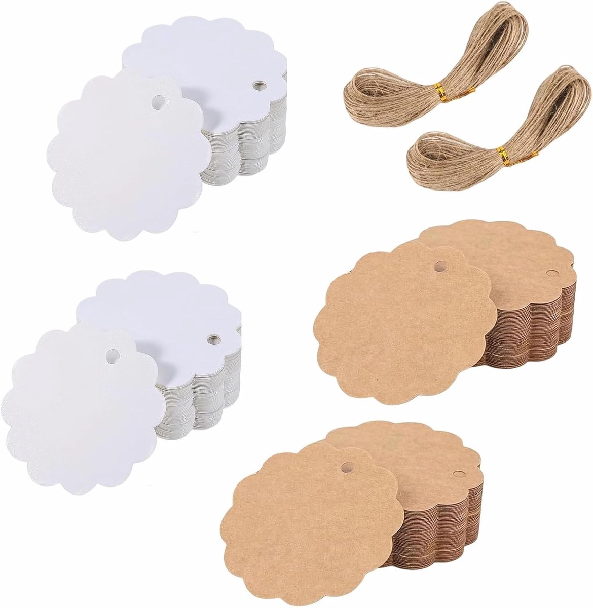 Ronde Kraftpapieren Etiketten - Bruin/Wit - 18 x 15 x 4 cm - Met 40 Meter Jute Touw - Voor Cadeaus en Knutselprojecten