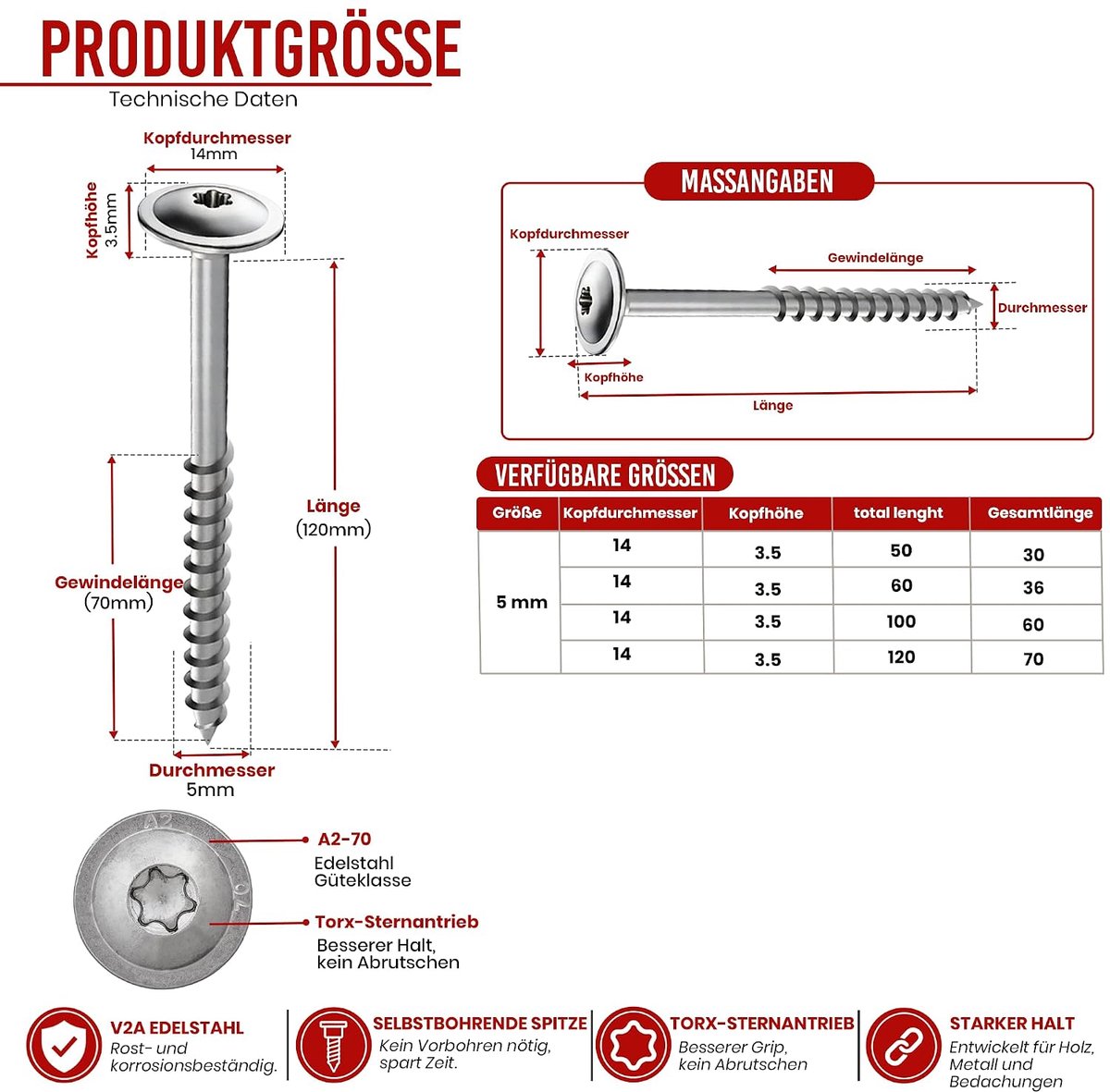 Tellerkopschroef 5 x 120 - A2 V2A - snijpunt - ideaal voor houtbouw - ShopVlot