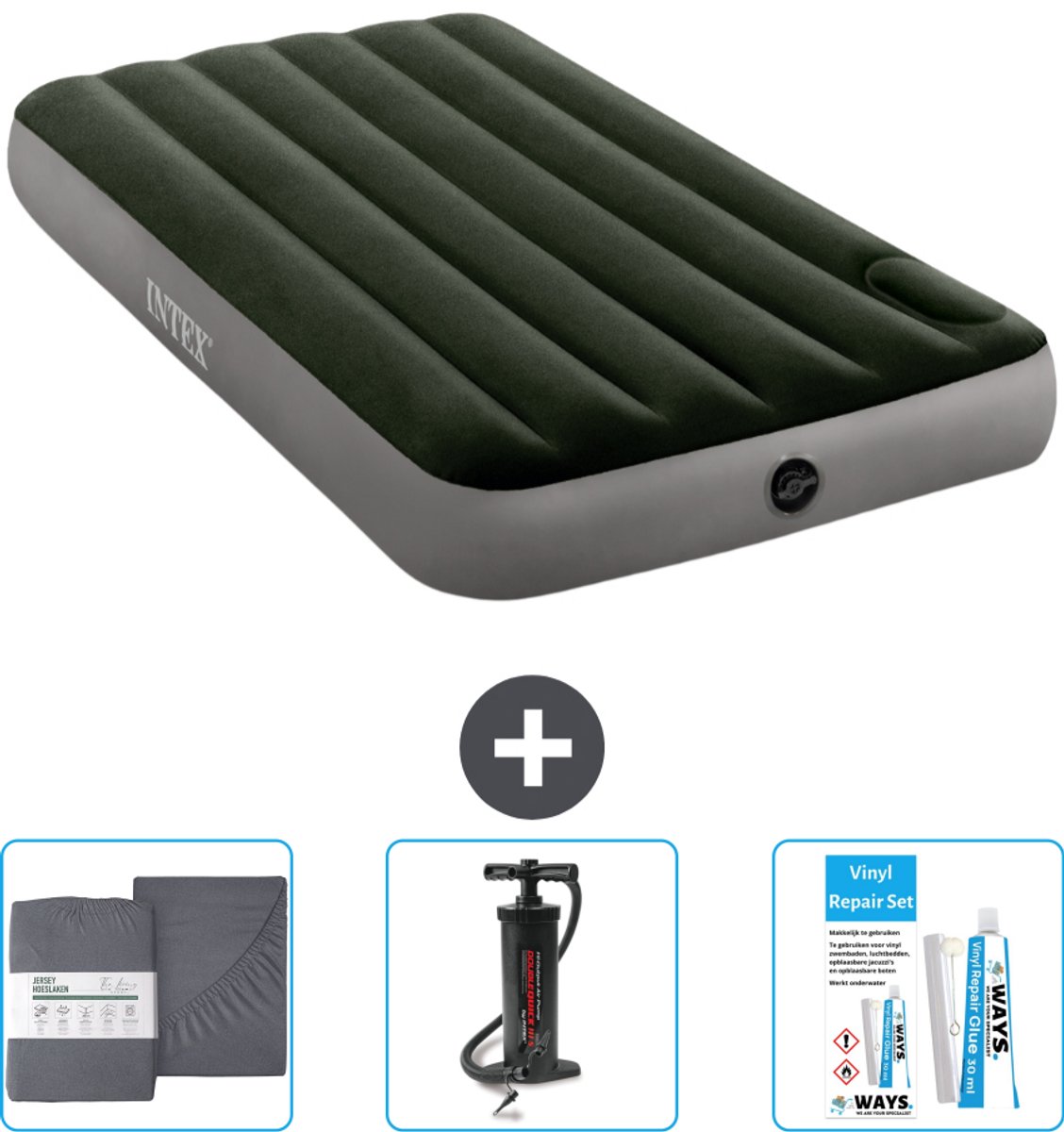 Intex Luchtbed - 1-Persoons - 99 x 191 x 25 cm - Groen - Hoeslaken - Pomp en Reparatieset