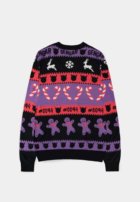 Achterkant paarse kersttrui met Gengar, rendieren, sneeuwvlokken, kerststokken en peperkoekmannetjes.