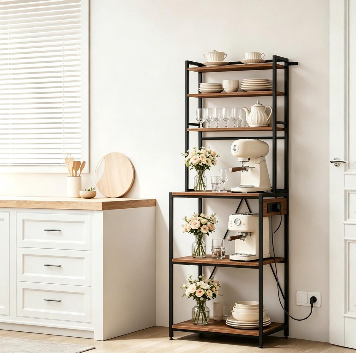 Wishdor Keukenrek met stopcontacten - Koffiebar station met 6 open planken en 6 haken - Met overbelastingsschakelaar - Zwart en rustiekbruin - 60 x 40 x 167 cm