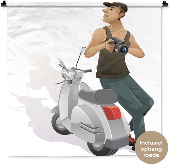 Illustration d'un homme avec un appareil photo et une Vespa grise. Tringle de suspension incluse.