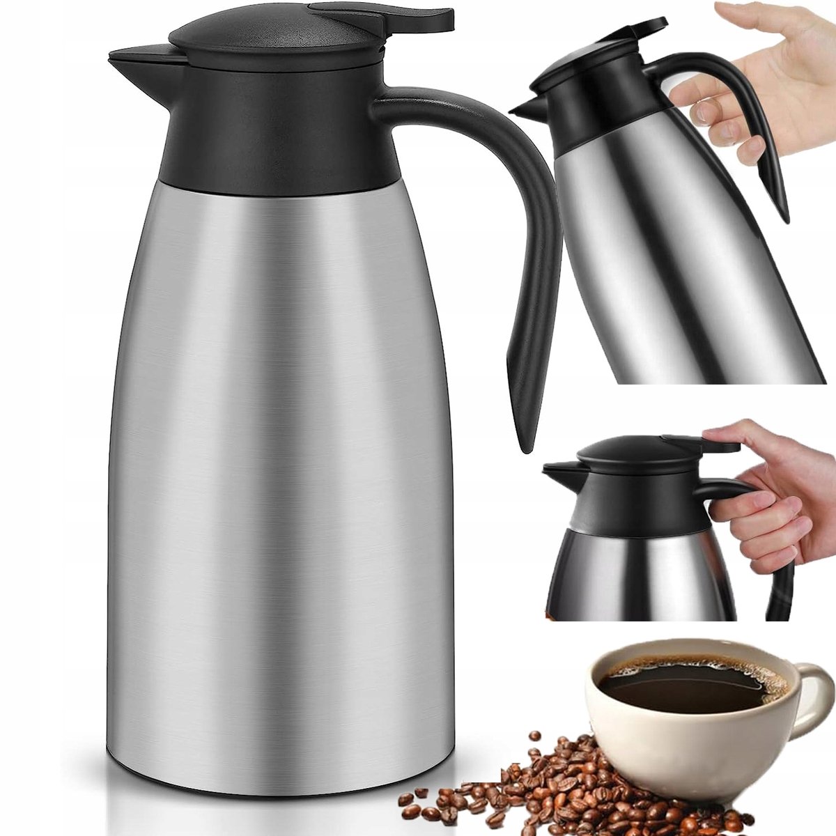 Thermoskan - Dubbelwandige Isoleerkan - Vacuümfles - 2L - 304 Roestvrij Staal - 12-18 uur - Brede Opening - Lekvrij - Antislip Siliconen Voet - Koffiekan - Voor Thuis & Kantoor & Picknick - Zilver