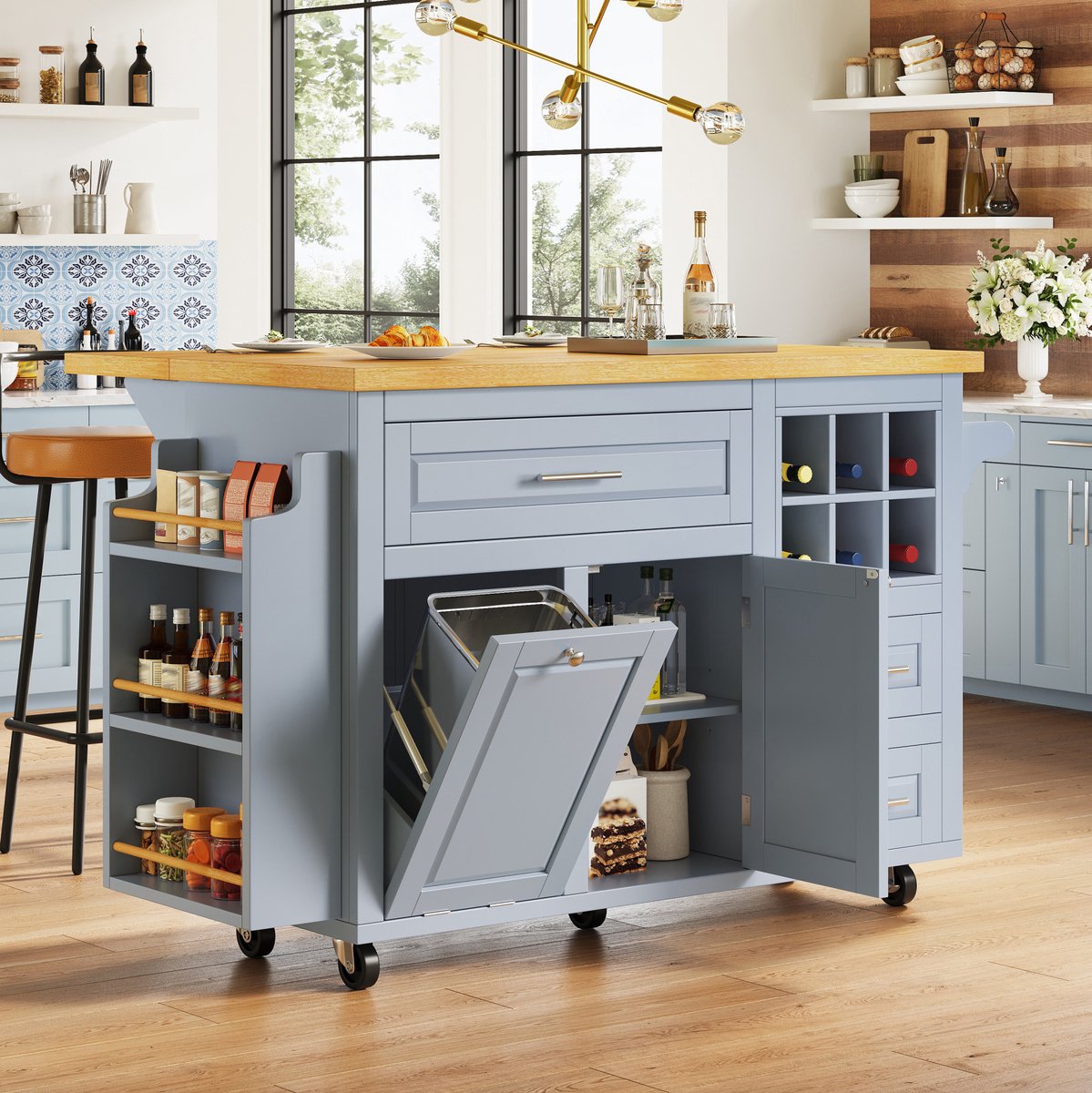 Wishdor Keukenwagen met opklapbaar blad - Veel opbergruimte met lades, wijnrek en snackrek - Blauw MDF - Voor keuken, eetkamer en bar - 143 x 75 x 91 cm