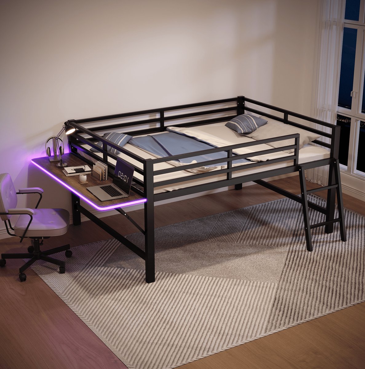 Hoogslaper 140 x 200 cm Zonder Matras Met Bureau Met Ladder Met Uitvalbeveiliging En LED Verlichting Metalen Bed Voor Kinderkamer Zwart