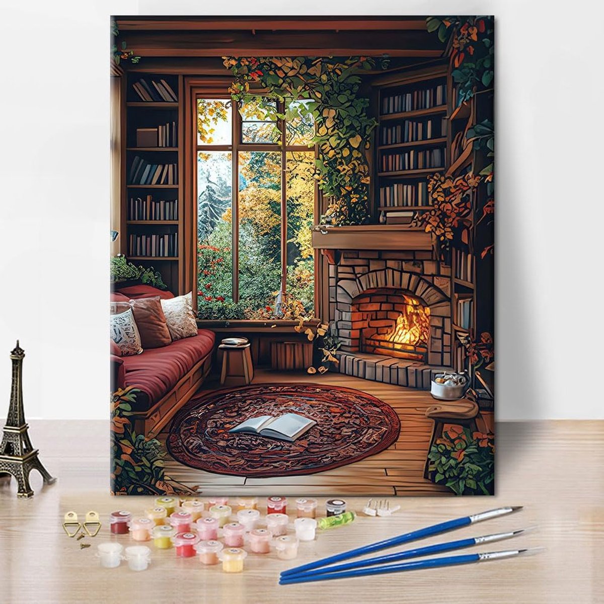 Schilderen op Nummer Volwassenen Beginners - Vintage Boekenkast - Acrylverf - Makkelijk voor Thuisdecoratie - m-winkel