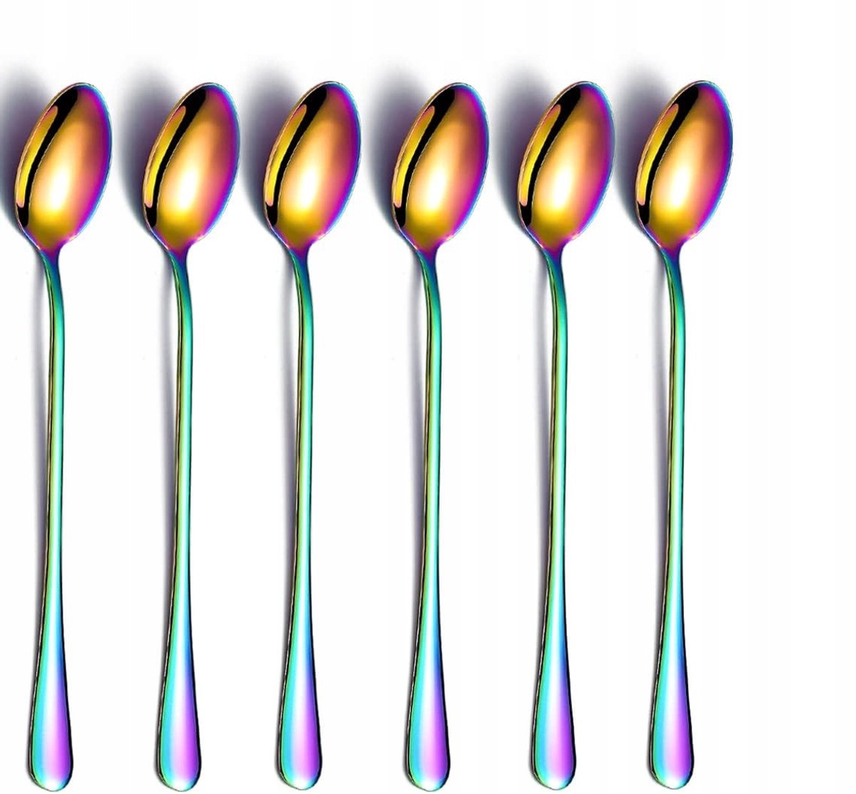 Regenboog Latte Lepels Set van 6 - Lange, Glanzende Roestvrij Staal Lepels