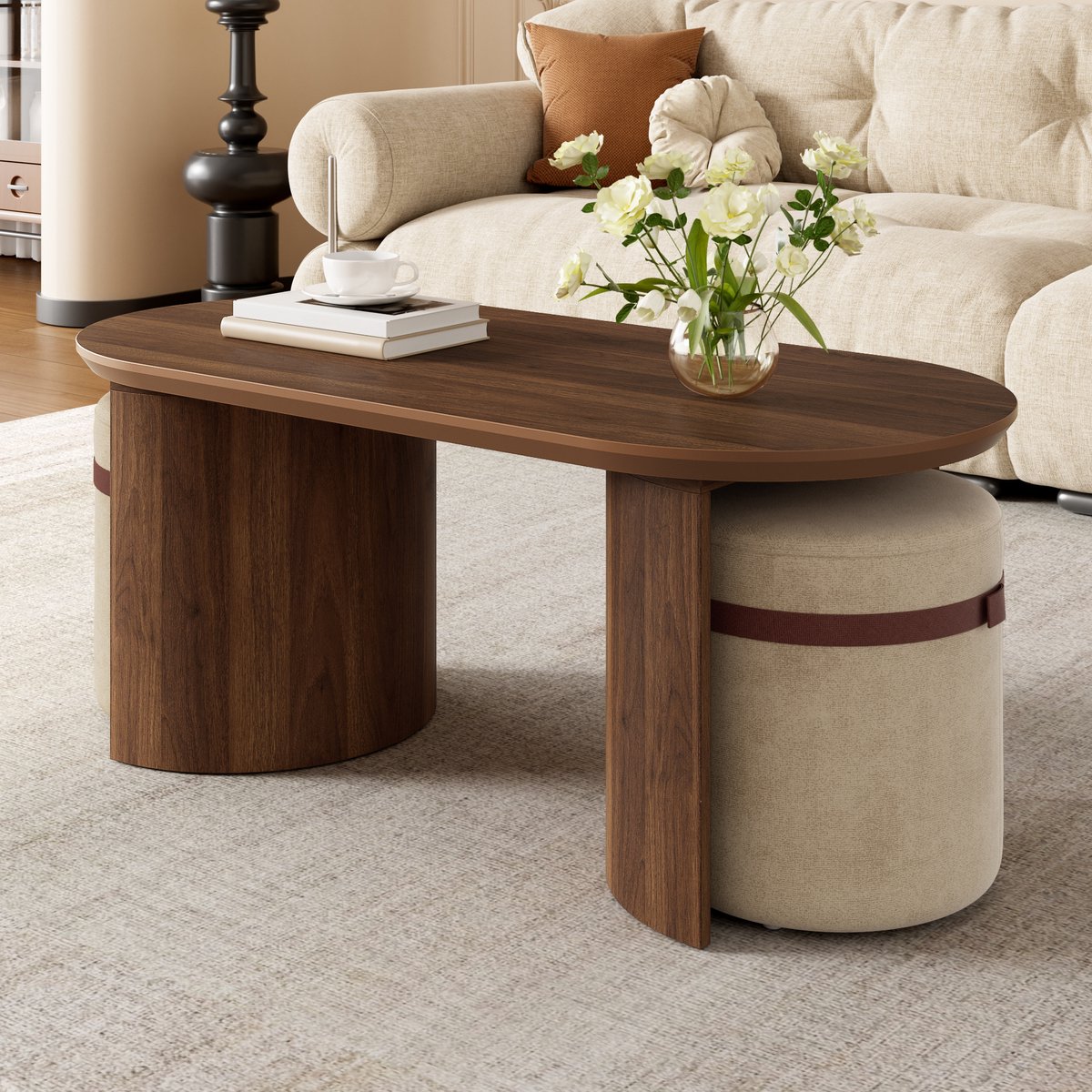 OKWISH Salontafel Set - Ovaal - 3-Delig Met 2 Hockers - Modern Design Met Opberggemak - MDF En Hout - Walnoot - 108×50×44 Cm
