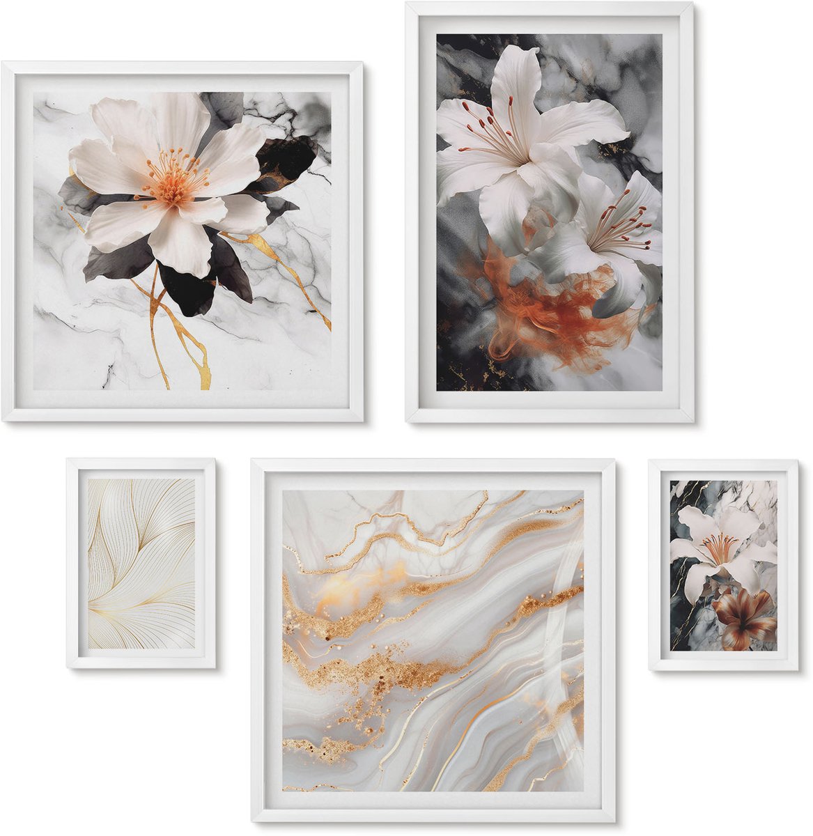 Wallfluent 5-Delige Schilderij Set - Bloemmotieven Op Een Marmeren Achtergrond In Een Elegante Stijl. - 50 x 50 cm, 20 x 30 cm En 40 x 60 cm - Wanddecoratie - Muurdecoratie - Moderne Interieurdecoratie
