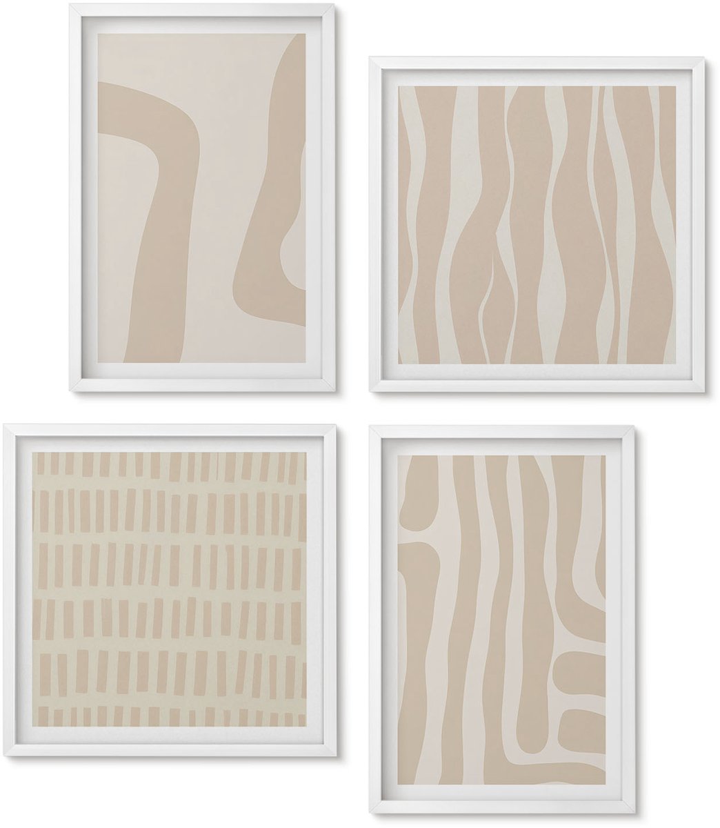 Wallfluent 4-Delige Schilderij Set - Abstracte Patronen, Minimalistische Vormen, Boho-Stijl - 40 x 40 En 40 x 60 - Schilderijen Set - Wanddecoratie - Woonkamer - Interieur Decoratie