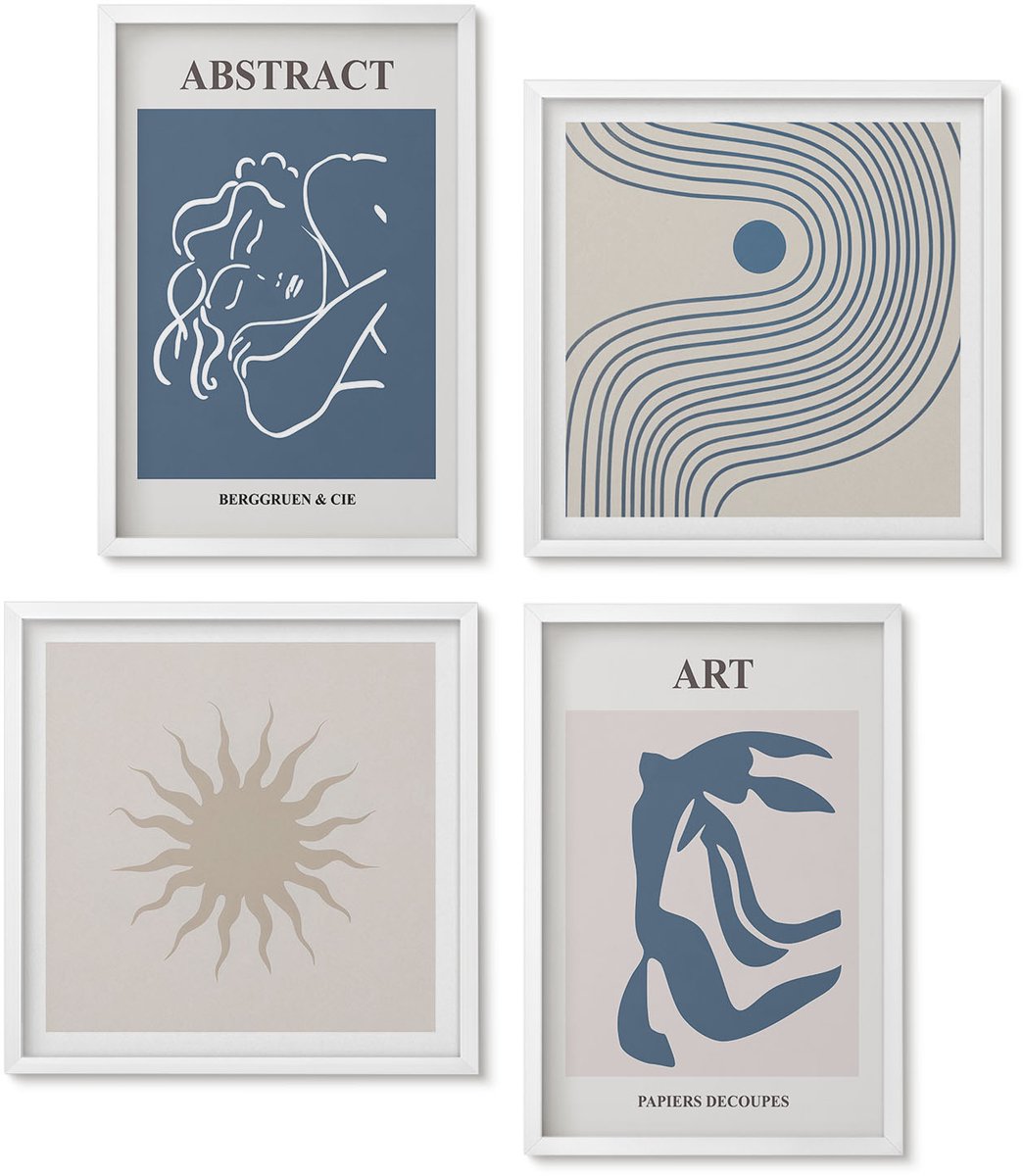 Wallfluent 4-Delige Schilderij Set - Stijlvolle Abstracte Patronen Met Figuren En Bloemen Van Matisse - 40 x 40 En 40 x 60 - Wanddecoratie - Schilderijen Set - Kantoor - Decoratieve Schilderijen