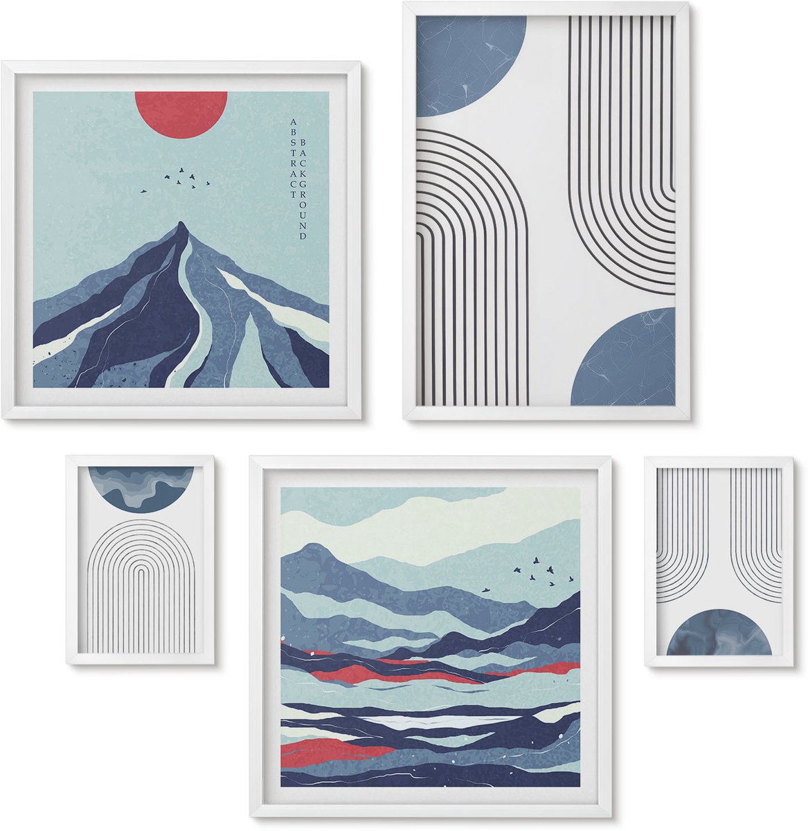 Wallfluent 5-Delige Schilderij Set - Abstracte Landschappen Met Geometrische Vormen En Kleuren. - 50 x 50 cm, 20 x 30 cm En 40 x 60 cm - Muurdecoratie - Wanddecoratie - Hal - Moderne Wanddecoratie
