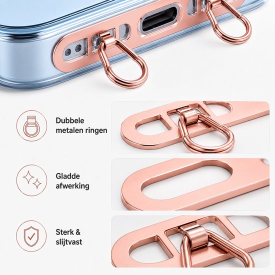 Close-up van rosé gouden metalen dubbele ringen op een telefoon lanyard houder. Kenmerken: Dubbele metalen ringen, gladde afwerking, sterk & slijtvast.