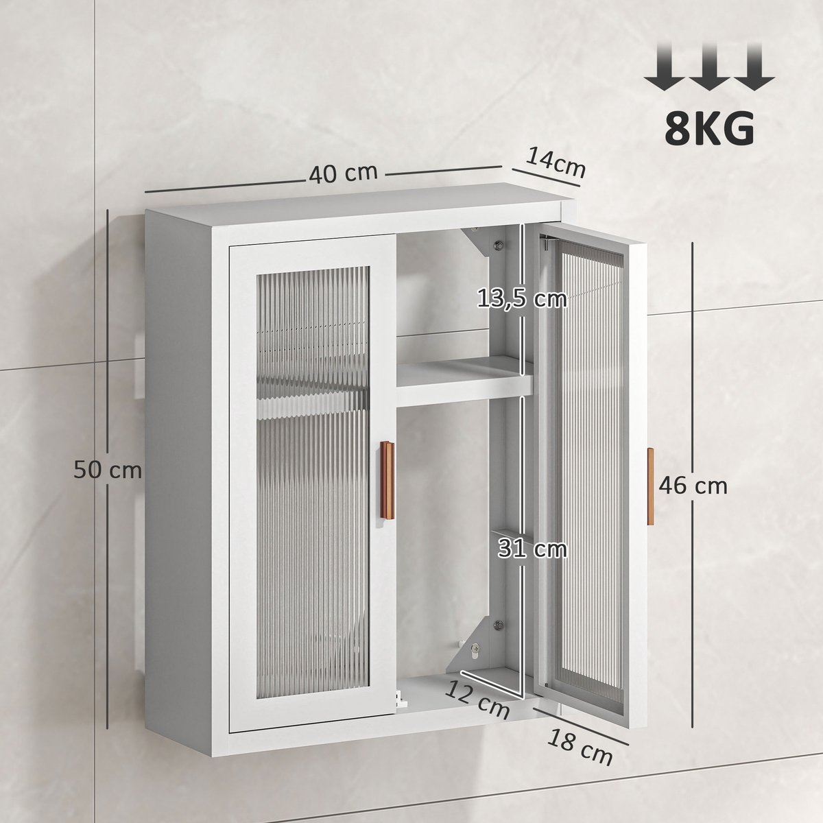 Badkamerkast - Kast - Wandkast - Met deur - 40 x 14 x 50 cm - Metaal - Wit