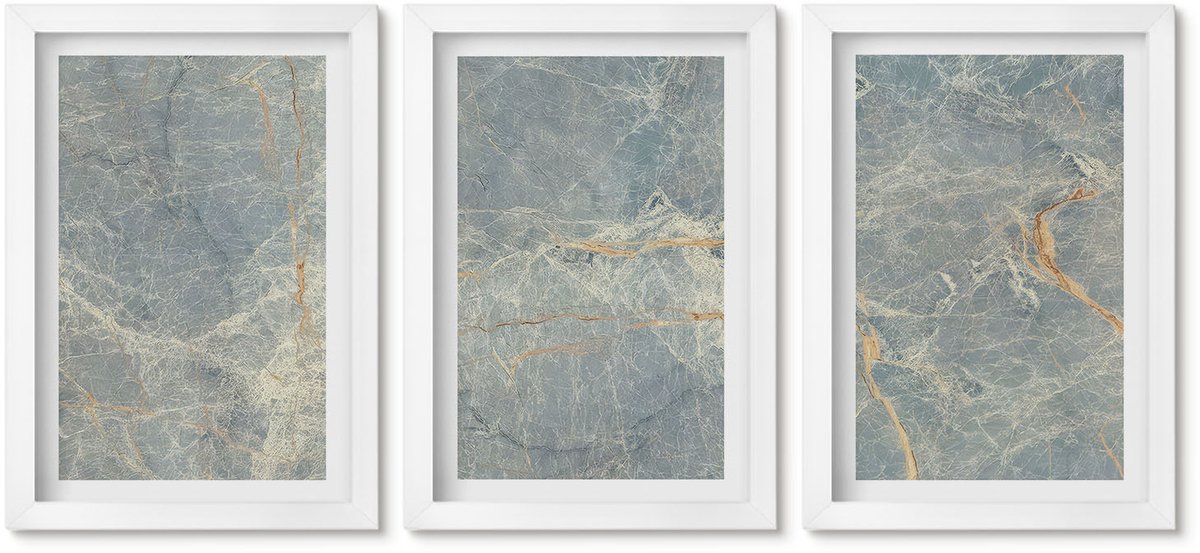 Wallfluent 3-Delige Schilderij Set - Decoratieve Steenstructuur Van Groen Geaderd Marmer. - 20 x 30 - Schilderijen Set - Wanddecoratie - Woonkamer - Decoratieve Schilderijen