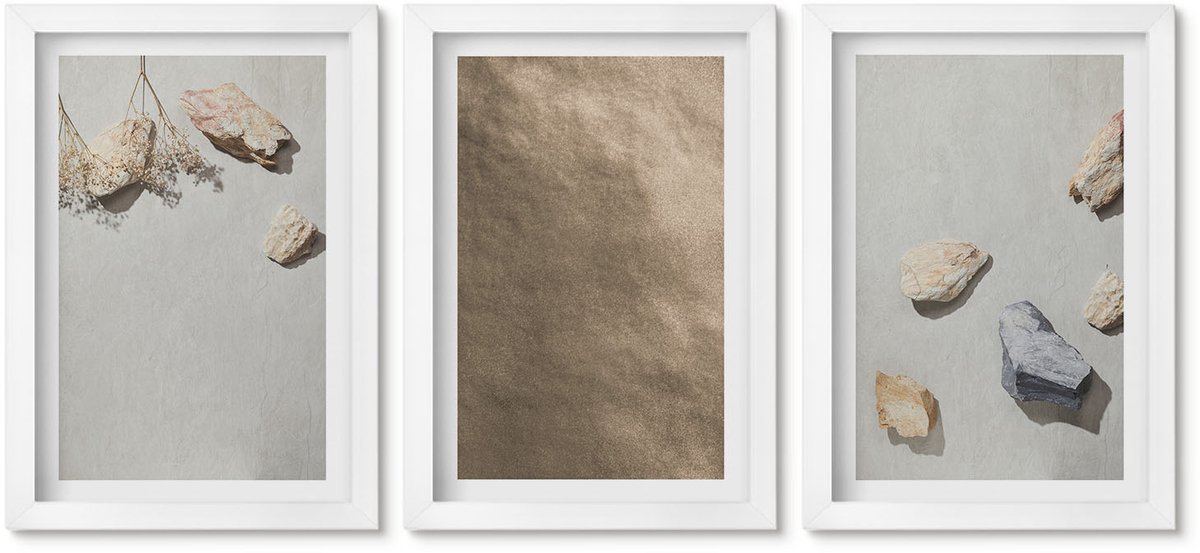 Wallfluent 3-Delige Schilderij Set - Strandstenen, Natuurlijke Structuren - 20 x 30 - Muurdecoratie - Decoratieve Schilderijen - Wohnzimmer - Stijlvolle Muurdecoratie