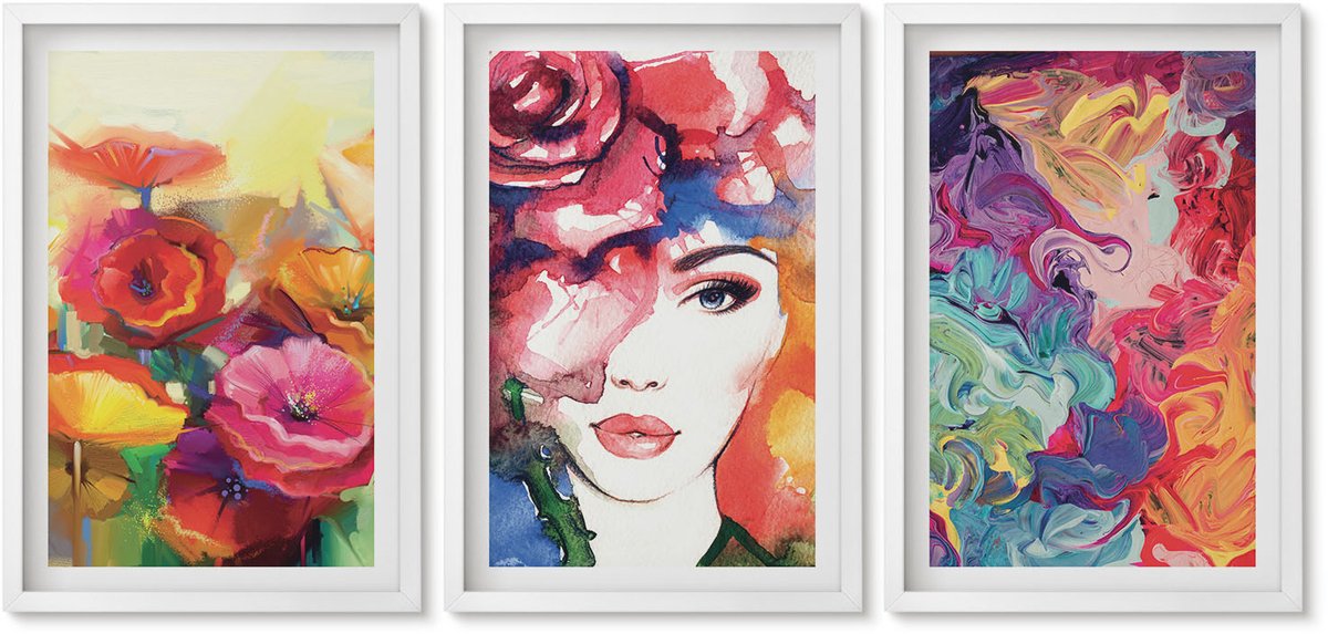 Wallfluent 3-Delige Schilderij Set - Bloemen In Intense Kleuren Portret Van Een Vrouw Abstract - 40 x 60 - Muurdecoratie - Schilderijen Set - Woonkamer - Wanddecoratie