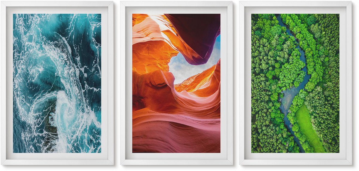 Wallfluent 3-Delige Schilderij Set - Water In Beweging, Kloof En Bos, Groene Natuur - 40 x 60 - Stijlvolle Wanddecoratie - Interieur - Stijlvolle Muurdecoratie