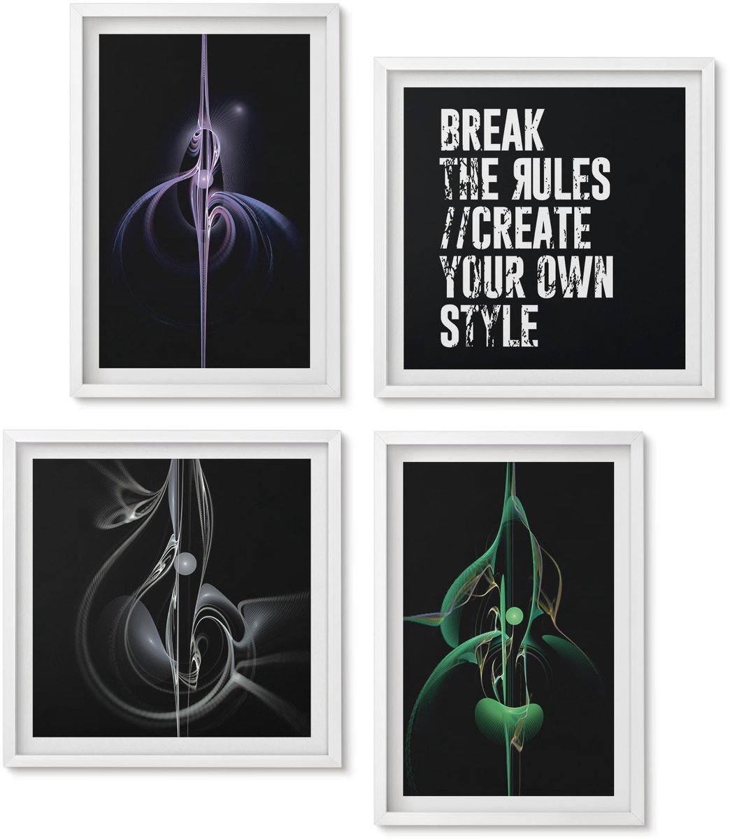 Wallfluent 4-Delige Schilderij Set - Abstracte Patronen In Zwarte Inscriptie - 40 x 40 En 40 x 60 - Schilderijen Set - Wanddecoratie - Woonkamer - Woonkamer Decoratie