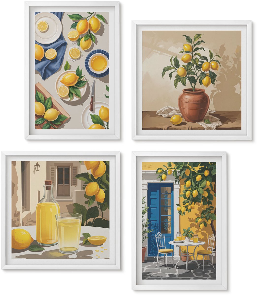 Wallfluent 4-Delige Schilderij Set - Citroentuin Met Citroenen En Drankjes Op Tafel. - 40 x 40 En 40 x 60 - Muurdecoratie - Decoratieve Schilderijen - Wohnzimmer - Moderne Wanddecoratie