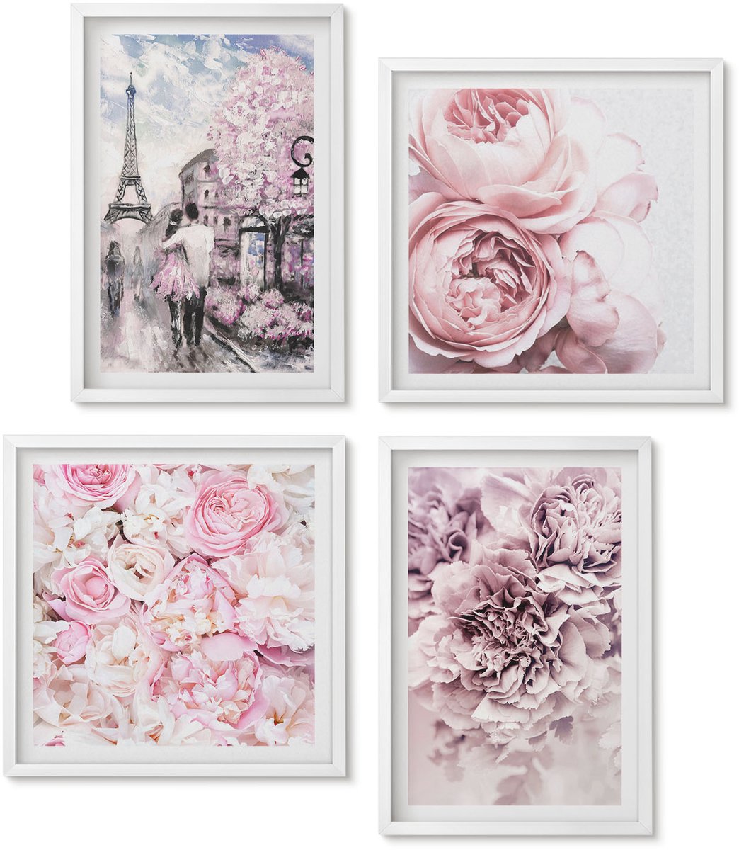Wallfluent 4-Delige Schilderij Set - Bloemen In Verschillende Tinten Roze, Romantisch Landschap - 40 x 40 En 40 x 60 - Stijlvolle Wanddecoratie - Interieur - Decoratieve Schilderijen
