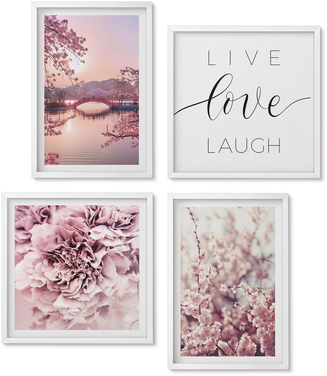 Wallfluent 4-Delige Schilderij Set - Bloemmotieven Met Een Levensbrug-Inscriptie - 40 x 40 En 40 x 60 - Wanddecoratie - Moderne Interieurdecoratie - Muurdecoratie