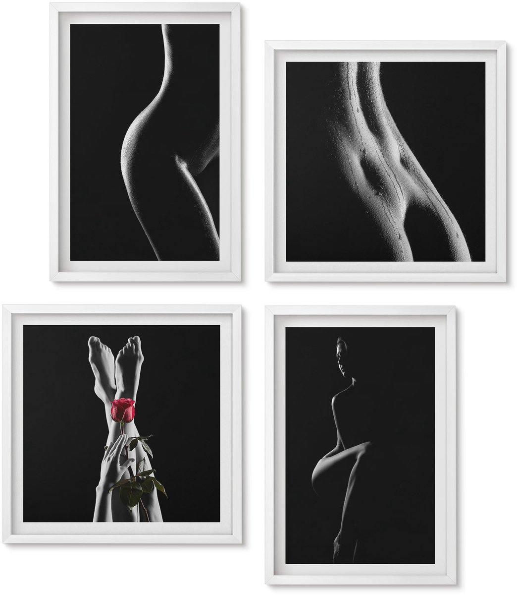Wallfluent 4-Delige Schilderij Set - Erotische Afbeeldingen Van Vrouwelijke Silhouetten In Zwart-Wit - 40 x 40 En 40 x 60 - Decoratieve Muurdecoratie - Slaapkamer - Decoratieve Schilderijen