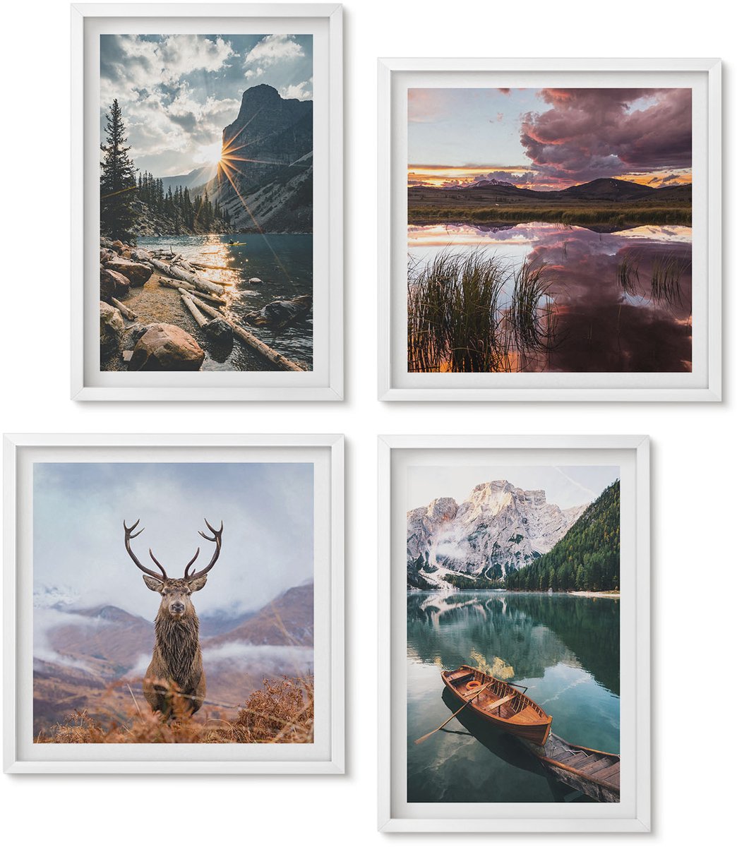 Wallfluent 4-Delige Schilderij Set - Bergmeer Lodz Zonsondergang Hert In De Natuur - 40 x 40 En 40 x 60 - Muurdecoratie - Interieur Decoratie - Woonkamer Decoratie