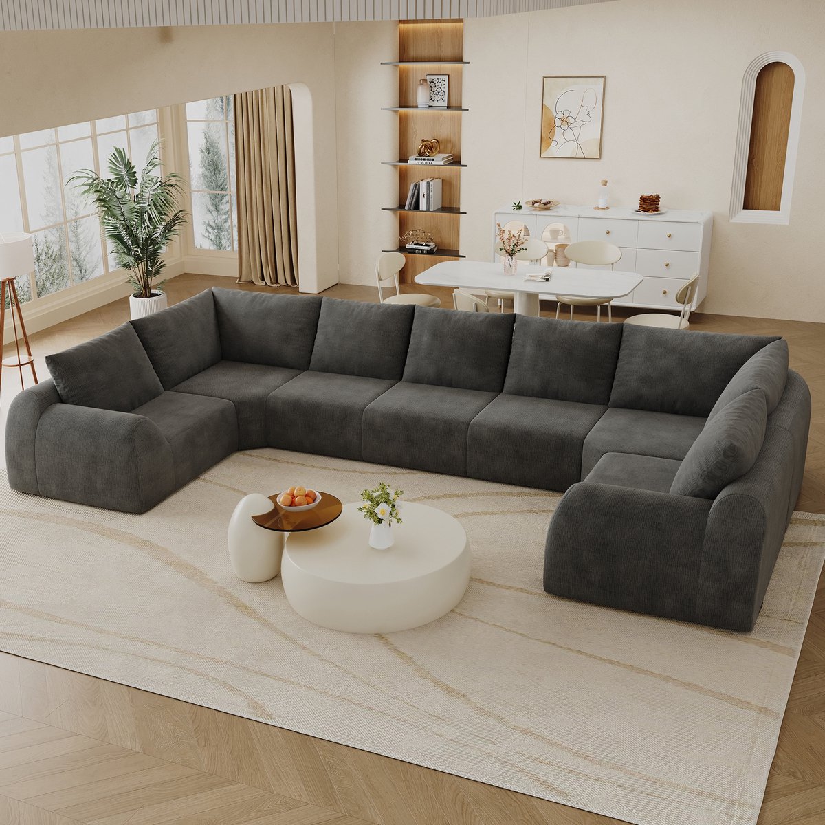 OKWISH U-bank 411 cm - 7-zits, Zachte Chenille Stof, Zonder Montage - Voor Woonkamer, Slaapkamer En Appartement - Donkergrijs