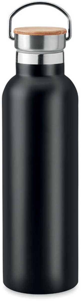 Dubbelwandige vacuüm geïsoleerde RVS drinkfles met bamboe deksel 750ml Zwart