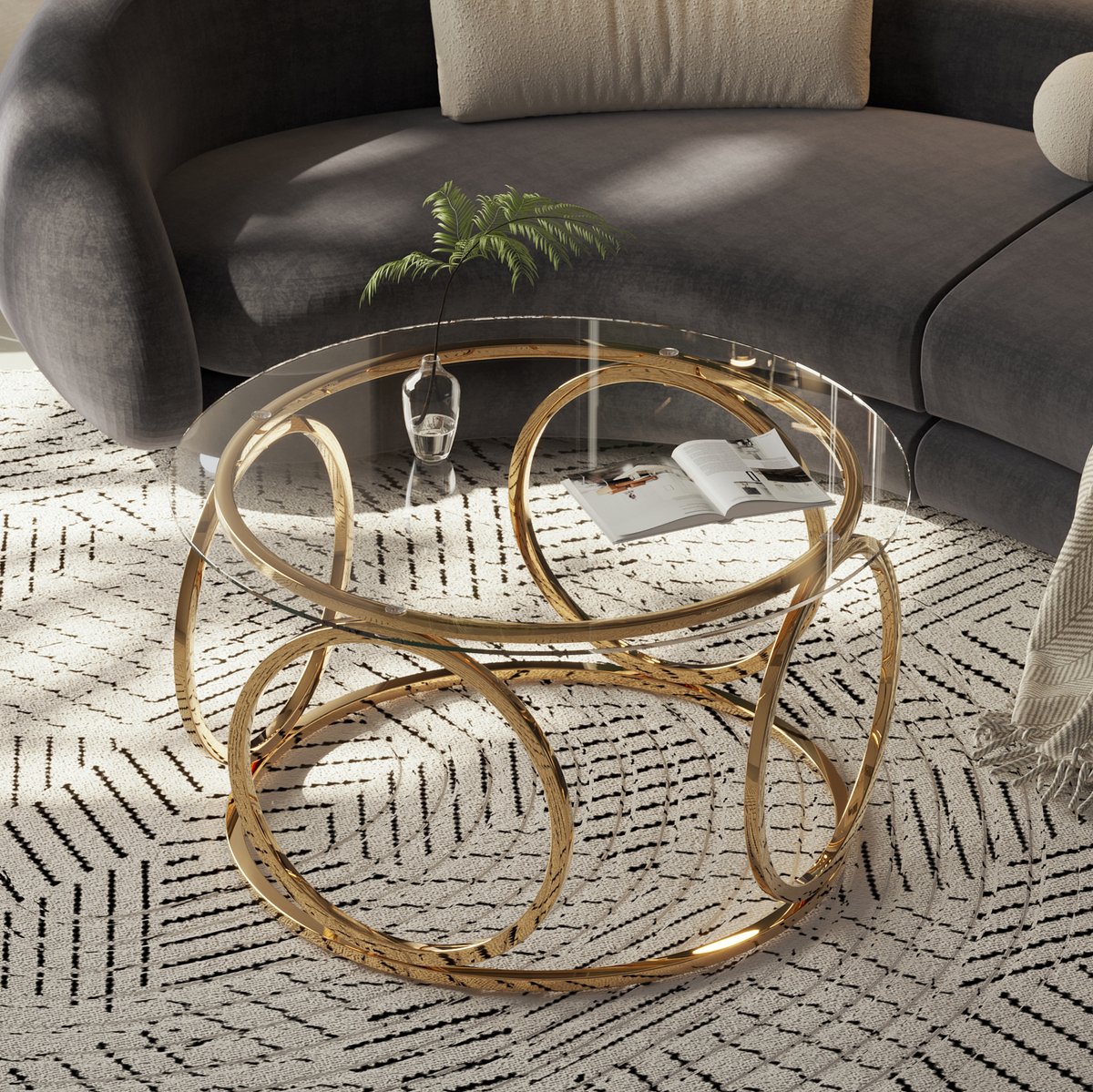 Ronde Glazen Salontafel - Met Gouden Metalen Onderstel En 6 Mm Veiligheidsglas - Modern Voor Woonkamer En Kantoor - 80 X 80 X 45 Cm