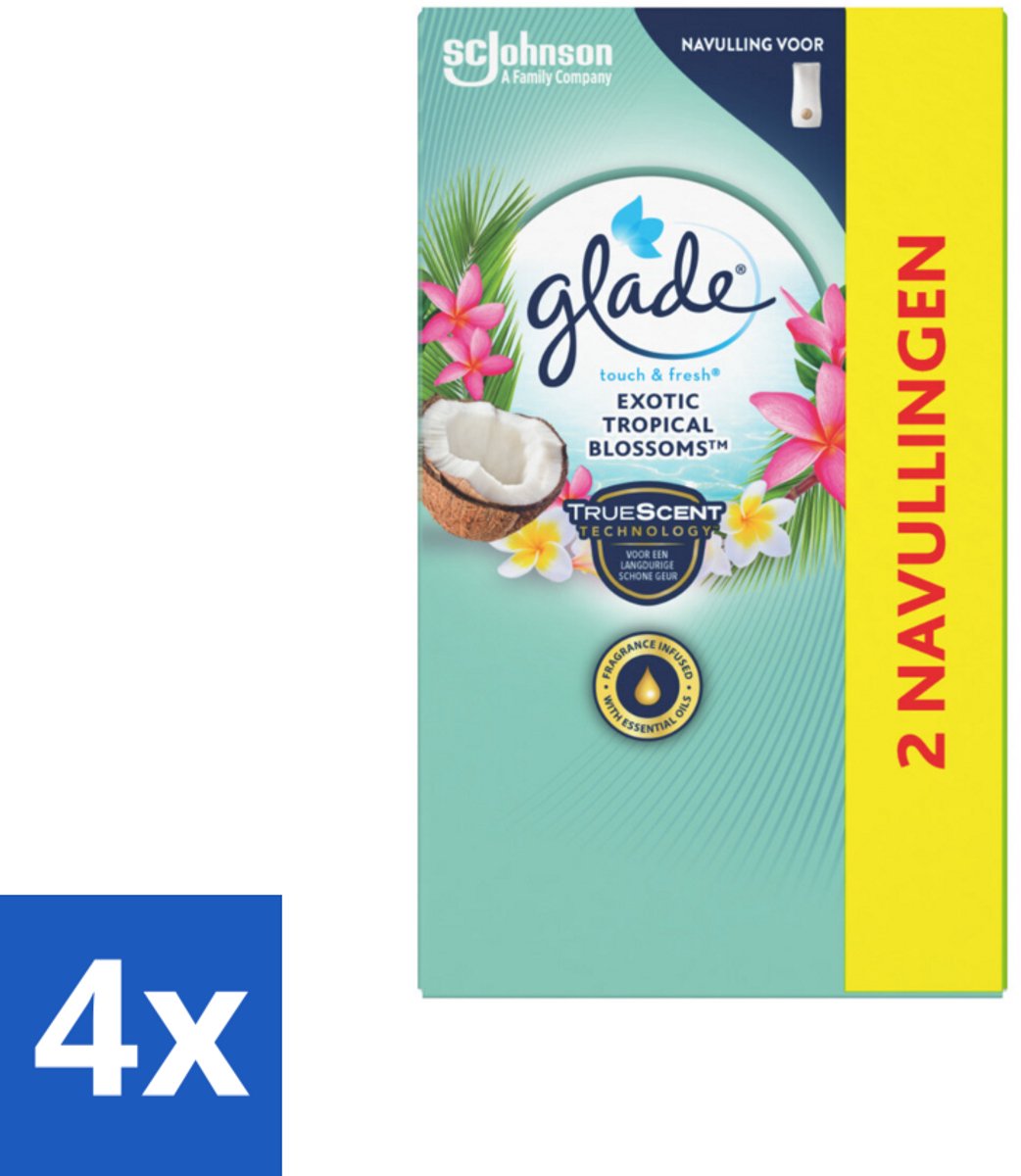 4 x Glade - Touch & Fresh - Exotic Tropical Blossoms - 2x 10 ml - Geur - Luchtverfrisser - Monoi Olie - Tropische Geur - Kokosmelk
