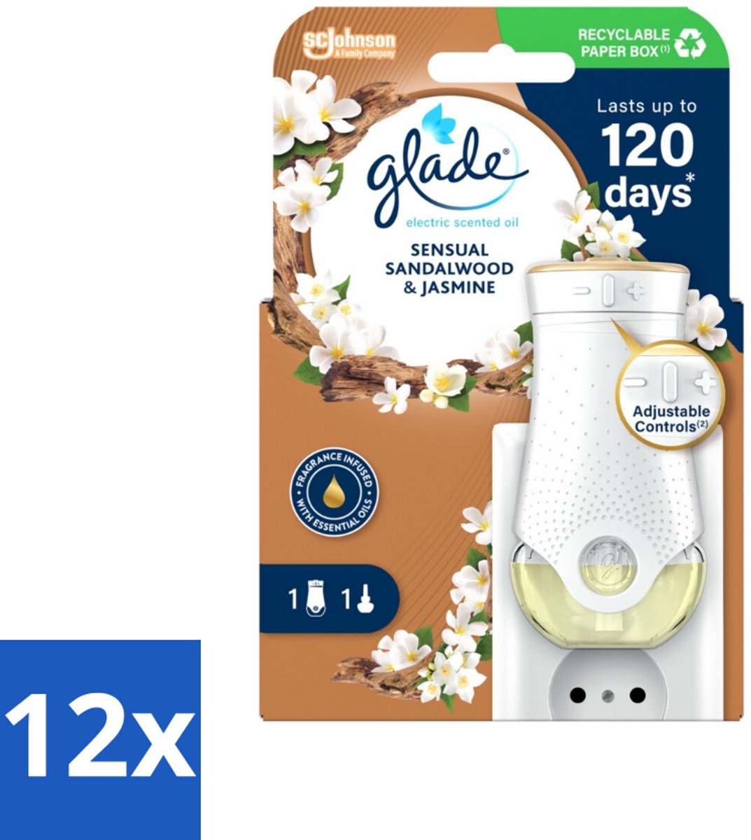 12 x Glade - Houder Elektrische Olie - Sensual Sandelhout Jasmijn - Geurkaars - Elektrische Geurdispenser - Geurhouder - Sandelhout Geur - Jasmijn Geur
