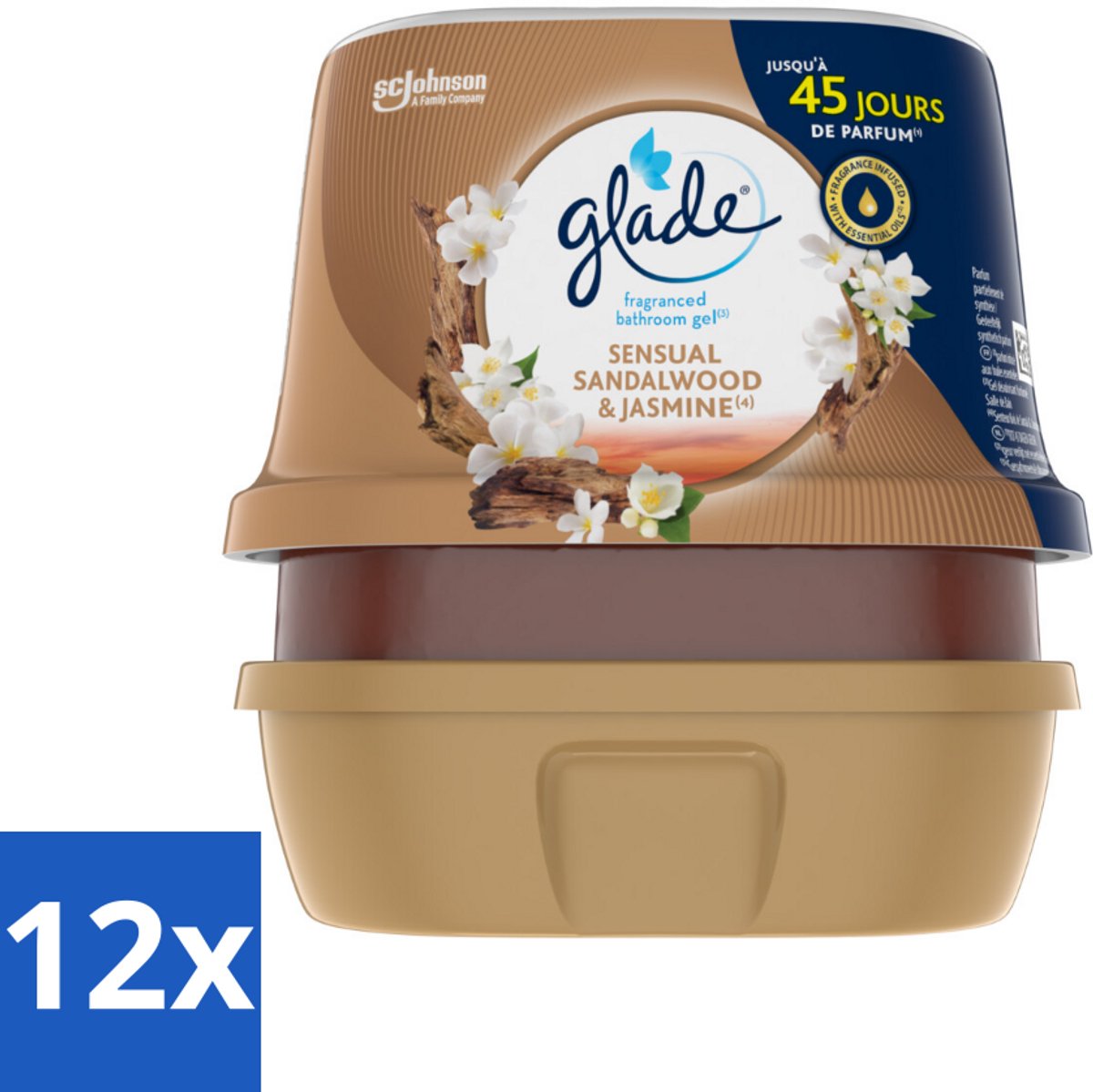 12 x Glade - Badkamer Gel - Sensual Sandelhout Jasmijn - 180 g - Frisse Geur - Geurkaars - Luchtverfrisser - Sandelhout - Jasmijn