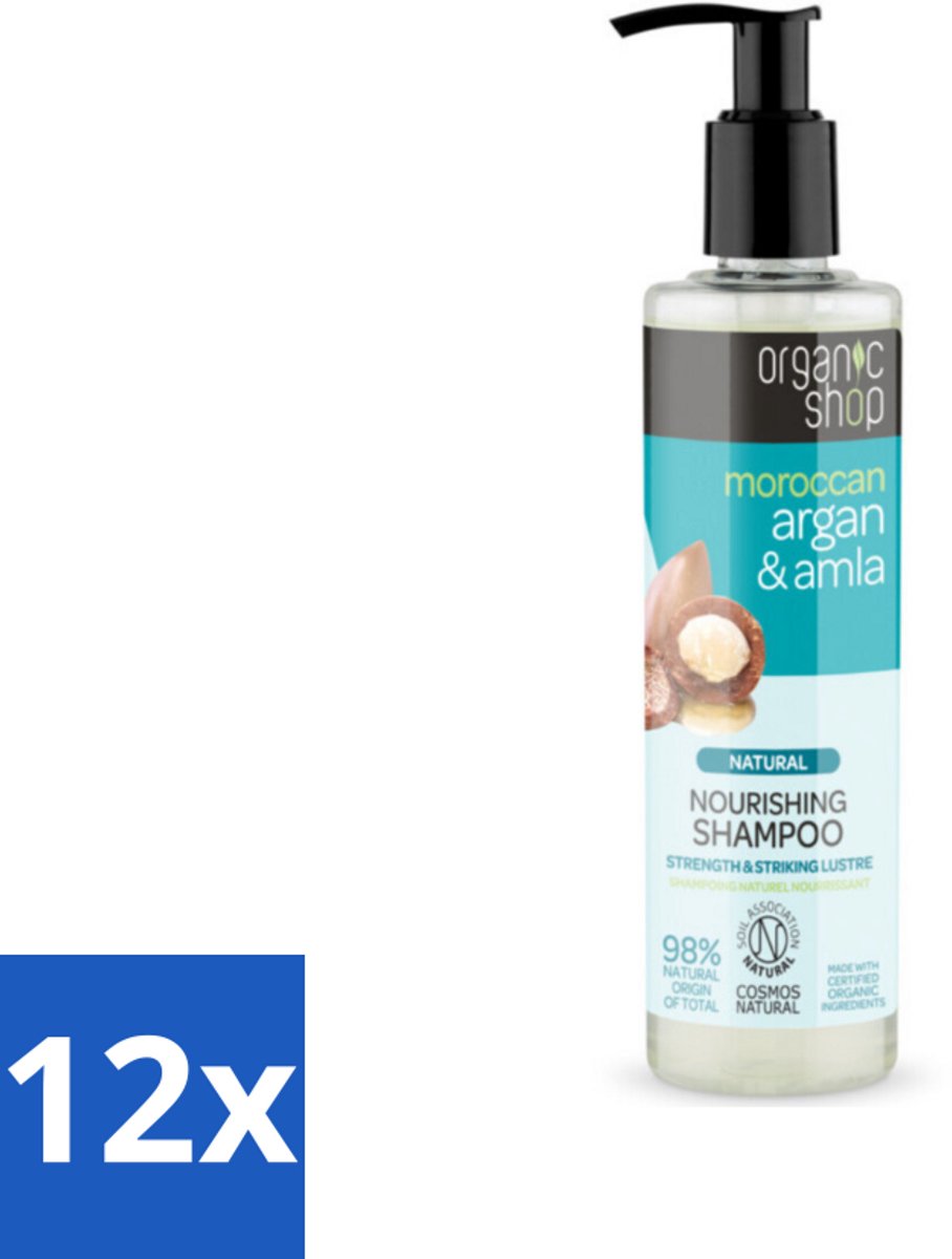 12 x Organic Shop - Natural Nourishing Shampoo - Argan Hair & Amla - Herstellend en Voedend - 280 ml - Organische Shampoo - Argan Olie Shampoo - Amla Shampoo - Haar Herstel Shampoo - Voedende Shampoo