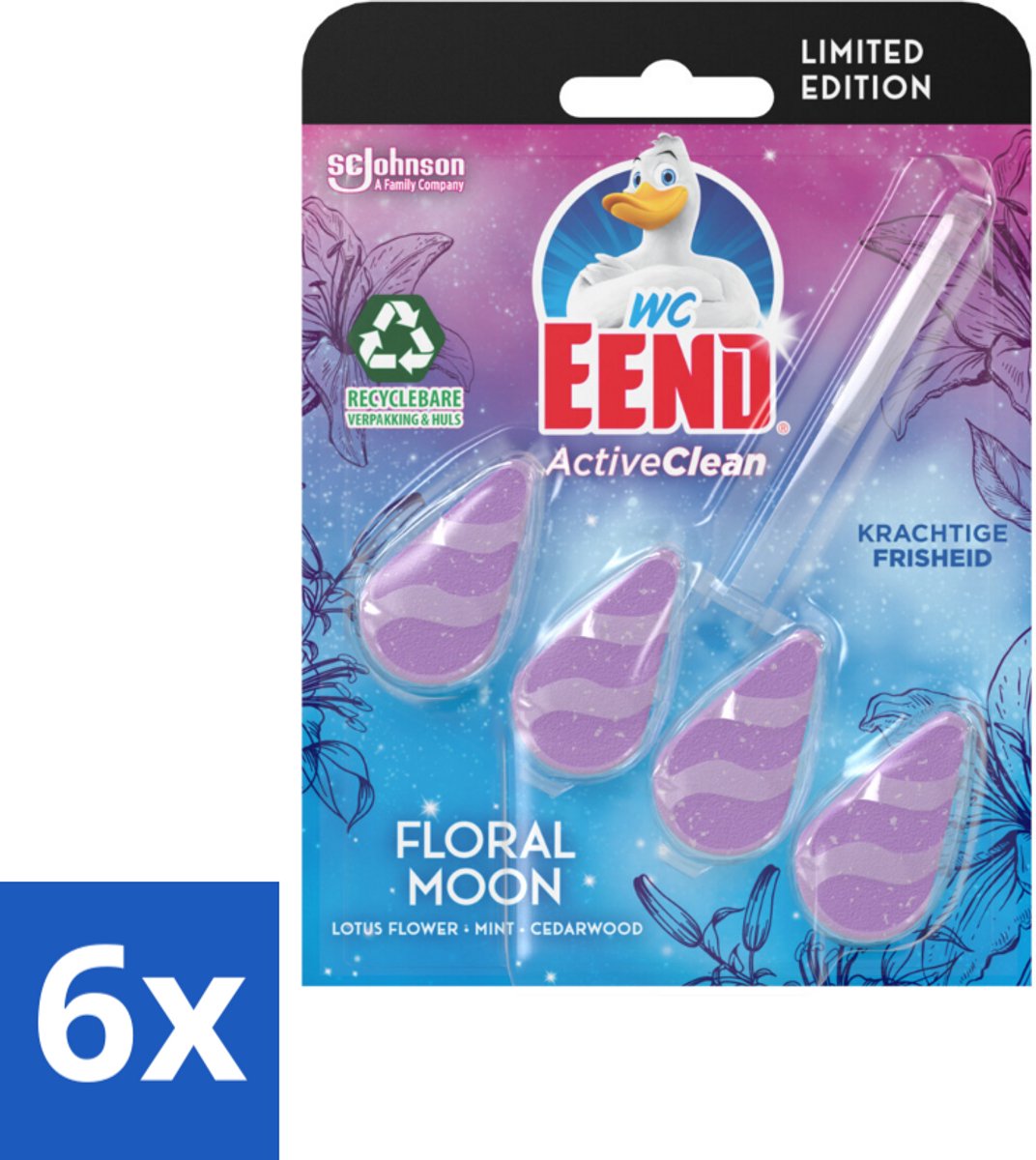 6 x WC Eend - Active Clean Floral Moon - Toiletblok - Lotus, Munt & Cederhout Geur - 38 gr - Toiletblok - Wc Reiniging - Geur - Lotus - Munt