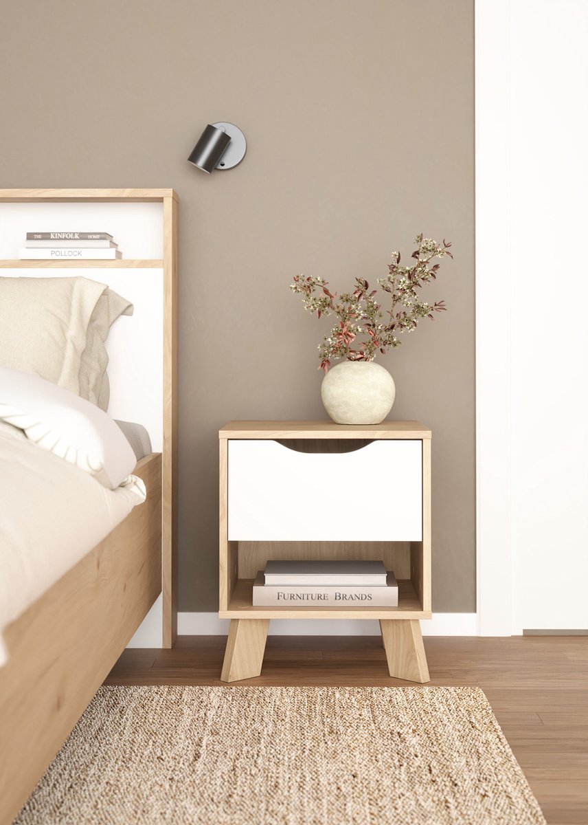 Nachtkastje Ikast 1 lade Hickory/Wit - Giga Living