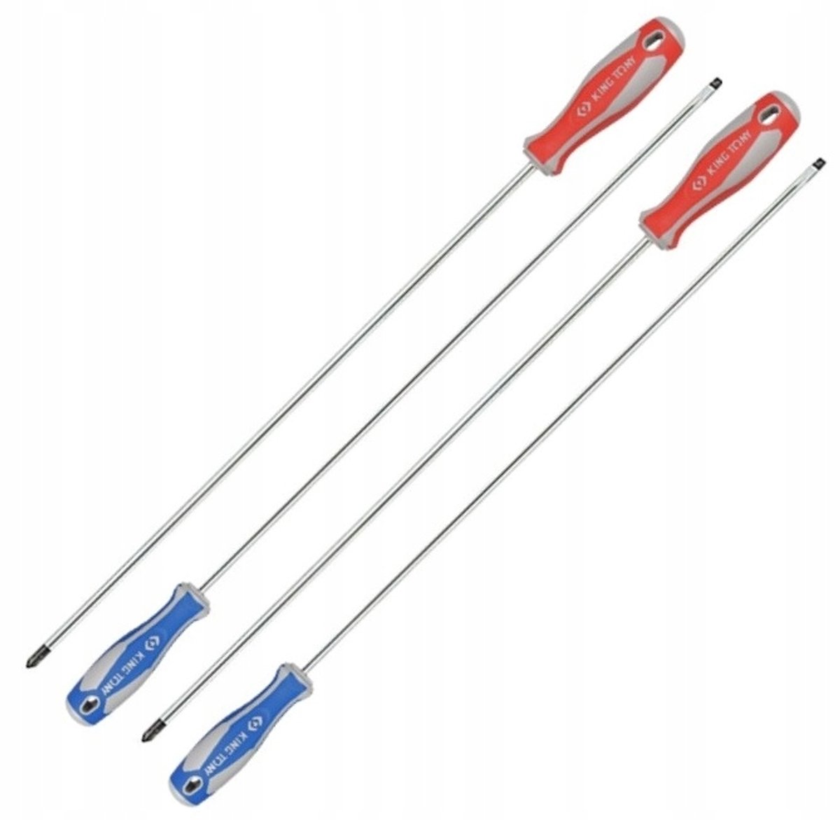 King Tony Extra Lange Schroevendraaierset Kruiskop Platte Punt 300mm 4 Stuks