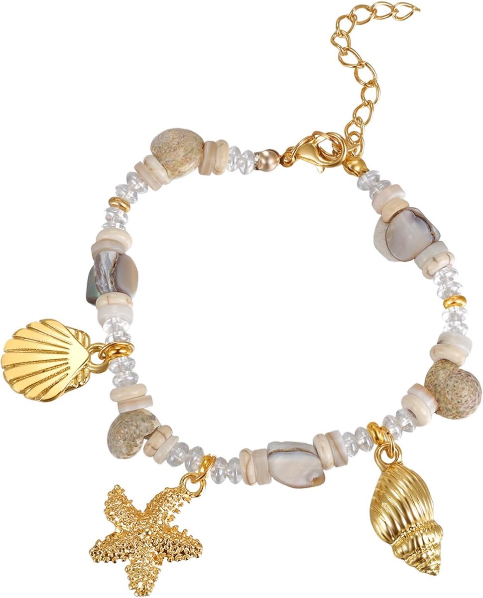 Enkelbandje dames - turquoise parels - zeester en zeeschildpad - perfect voor strand en zomer - ShopVlot