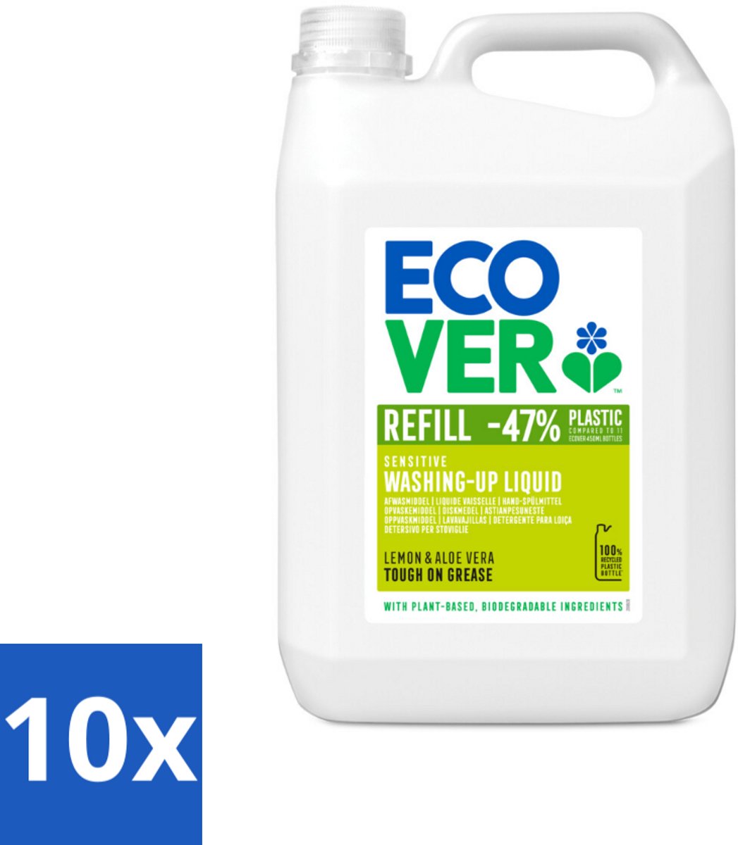 10 x Ecover - Afwasmiddel - Citroen & Aloë Vera - 5 liter - Ecover Afwasmiddel - Plantaardig Afwasmiddel - Afwasmiddel Citroen Aloë Vera - Duurzaam Afwassen - Zero Waste Afwasmiddel