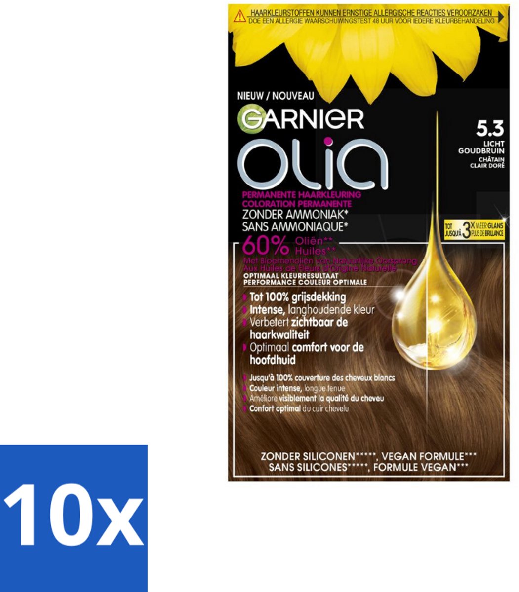 10 x Garnier - Olia 5.3 - Haarkleuring - Licht Goudbruin - Zonder Ammoniak - 60% Olie - Permanente Kleur - Haarkleuring - Permanent - Zonder Ammoniak - 60% Olie - Grijsdekking