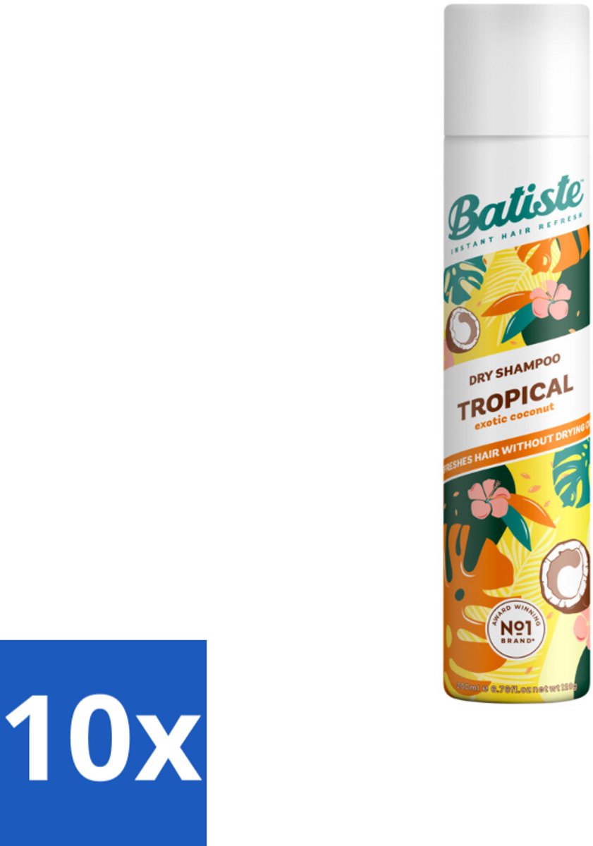 10 x Batiste - Tropical - Droogshampoo - Tropische Geur - Verfrist en Stylet - 200ml - Droogshampoo - Tropische Geur - Fris Haar - Vet Haar - Volume Haar