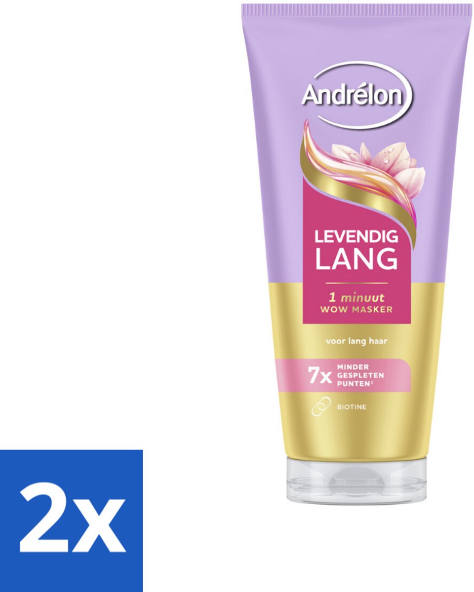 2 x Andrélon – Haarmasker WOW – Levendig Lang – 180 ml - Haarmasker - Lang Haar - Gespleten Punten - Haarversterking - Biotine