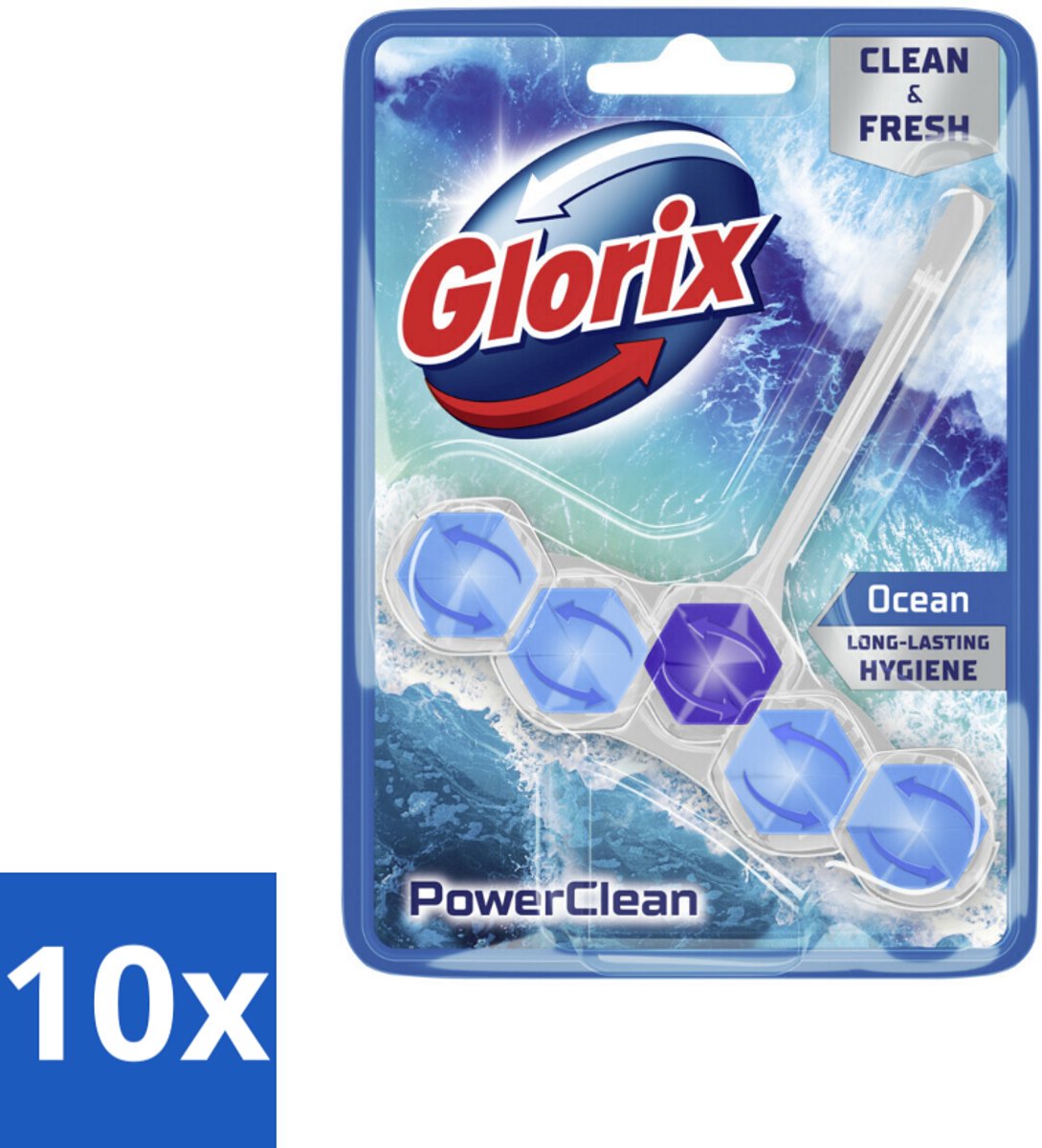 10 x Glorix - Toiletblok - Power Clean Ocean - Frisse Geur - 1 blok - Toiletblok - Oceaanfrisheid - Hygiëne - Reiniging - Anti-kalk