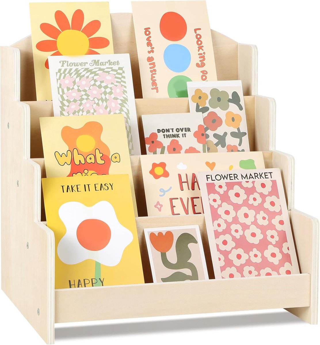 Kaartenrek 4 lagen - Houten display standaard voor postcards, stickers en bladwijzers - Stevige kaartenshowcase voor winkel, markt en thuis - Ook geschikt als boekenplank