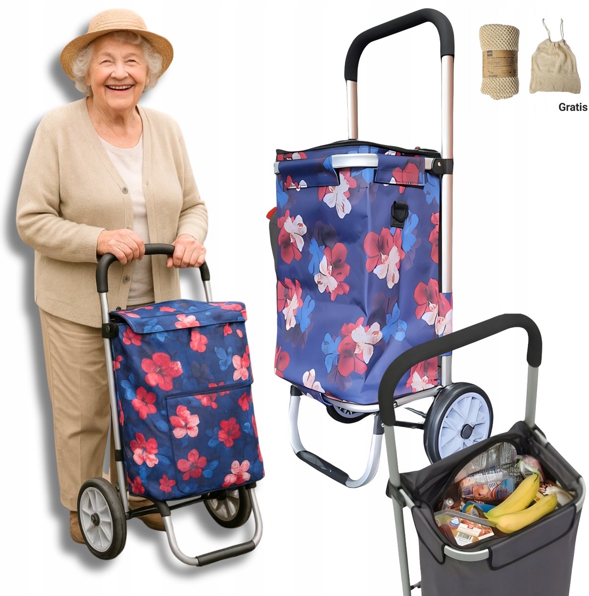 Opvouwbare boodschappentrolley met waterdichte tas - 50L, 30kg