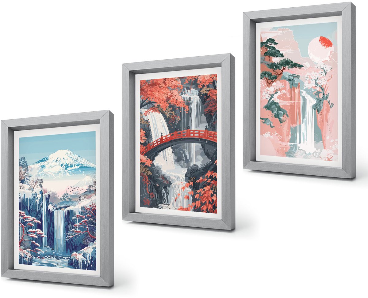 Coloray 4-Delige Schilderij Set - Watervallen, bergen met een brug en bloeiende bomen - 20 x 30 cm - Muurdecoratie - Decoratieve Schilderijen - Wohnzimmer Zilveren lijst
