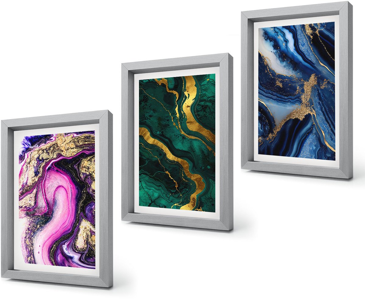 Coloray 4-Delige Schilderij Set - Abstracte patronen in tinten roze, groen en blauw. - 20 x 30 cm - Muurdecoratie - Interieur Decoratie Zilveren lijst