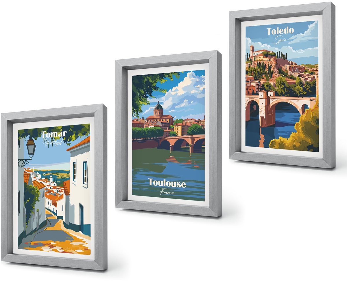 Coloray 4-Delige Schilderij Set - Grafische afbeeldingen van beroemde steden in retrostijl - 20 x 30 cm - Moderne Wanddecoratie - Slaapkamer - Interieur Decoratie Zilveren lijst